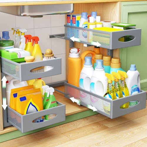 2 Pack Under Sink Organizer, 2 Tier Pull out Cabinet Organizer Mesh Baskets with 5 Adjustable Heights, Sliding Drawers Storage Shelf for Home, Kitchen, Bathroom, Pantry, Office, Countertop ,Grey - color: Grey, size: 2 Pack