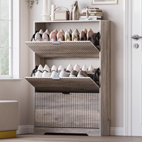 BORNOON Entryway Shoe Cabinet with 3 Flip Drawers, Narrow Shoe Organizer Cabinet with Fluted Panel and Adjustable Shelves for Foyer, Hallway - color: Wood, size: 3-Drawer