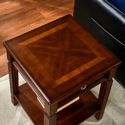Set of 2 Small End Table with Drawer and Storage Shelf, Traditional Square Sofa Side Table with Straight Carved Legs, 2-Tier Bedside Tables Nightstand in Dark Cherry, 17.7" Dx21.9 H - size: 2PCS