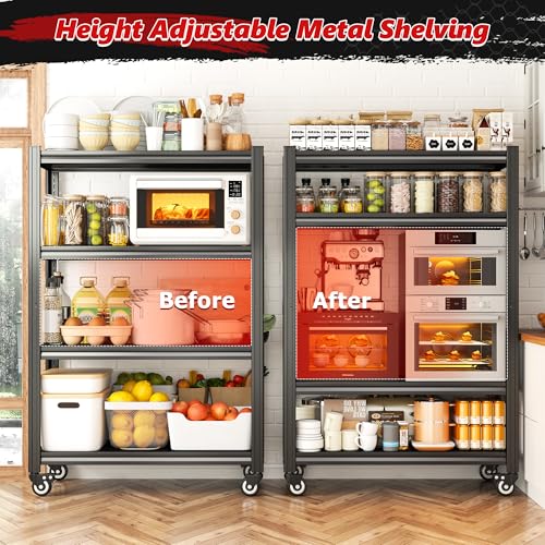REIBII Rolling Storage Shelves Adjustable Shelf for Kitchen Office | 2080 LBS capacity,59.8" H x 31.5" W x 16.5" D,4 Tier,Black,Solid metal panels，360°wheels with lock,Boltless 10min assembly