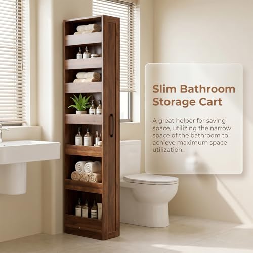 7-Tier Slim Mobile Shelving Cart with Wheels, Rolling Pantry with 7 Baskets, Narrow Pull-Out Utility Cart, Space Saving Storage Organizer Carts for Kitchen Living Room Bathroom Narrow Spaces, Walnut - size: Walnut & 7.87"D x 15.75"W x 70.75"H
