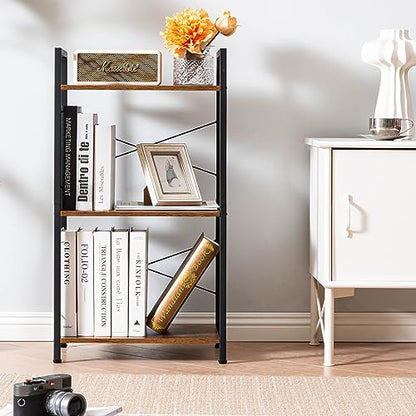HCHQHS Small Bookshelf, Adjustable 3-Tier Industrial Bookcase, Rustic Open Book Shelf, Wood and Metal Horizontal Bookshelves - color: Rustic Brown, size: 3-Tier (16.5"W x 31.5"H, Adjustable)
