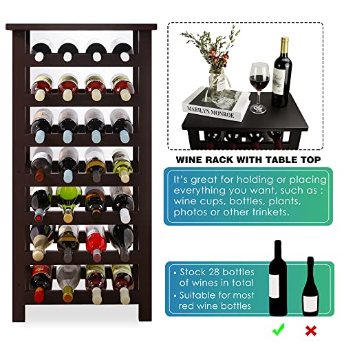 SMIBUY Bamboo Wine Rack, 28 Bottles Display Holder with Table Top, 7-Tier Free Standing Storage Shelves for Kitchen, Pantry, Cellar, Bar (Dark Brown) - color: Brown