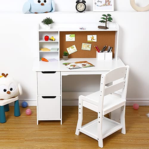 Garvee Kids Desk, Study Desk and Chair Set for Boys and Girl, Wooden Kids Writing Table with Bookshelf, Bulletin Board, and Cabinets for Ages 3-8 - color: Pure White, style: 2 Cabinets