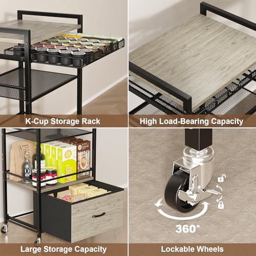 Coffee Bar Cabinet with Storage，5 Tier Coffee Station Table on Wheels, 33.6" H Cart with Drawer for Home Kitchen, Liquor Buffet Sideboard Cabinet (Black) - color: Black
