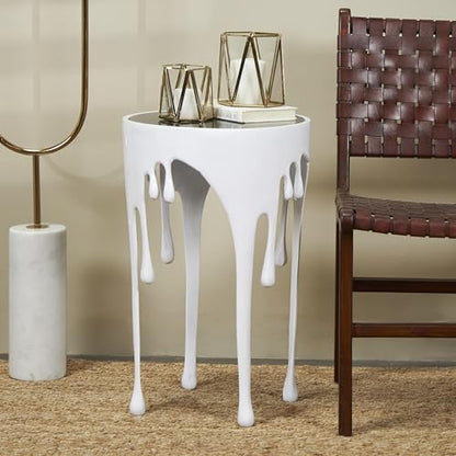 Deco 79 Aluminum Metal End Table with Abstract Drip Design, White Side Table, Accent Melting Legs and Black Glass Top, 16" x 16" x 25", White - color: White