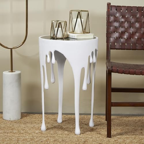 Deco 79 Aluminum Metal Abstract Side Table 16" x 16" x 25", White | Accent table, drip end table with melting designed legs and black glass top, unique end table, living room decor - color: White