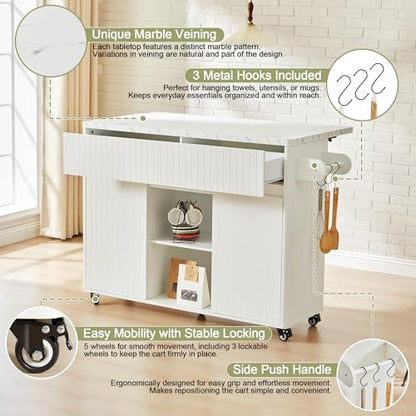 weselon 47" Mobile Kitchen Island with Storage, Rolling Kitchen Cart with Drop Leaf, Kitchen Island on Wheels with 2 Drawers & Adjustable Shelves, Towel Rack & Hooks, Faux Marble Top (White)