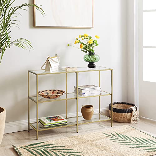 VASAGLE 39.4 Inch Console Table with 3 Shelves, Sofa Tables, Modern Entryway Table, Metal Frame, Tempered Glass Shelf, Entryway Living Room Bedroom, Metallic Gold and Transparent ULGT27G - color: Metallic Gold + Transparent, size: 39.4"W