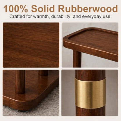 Narrow Side Table, 2-Tier Solid Wood Slim End Table for Small Spaces, 7.5-Inch Skinny Nightstand with Tray Top Storage Shelf for Bedroom, Living Room, Sofa Side, Red Brown - color: Red Brown