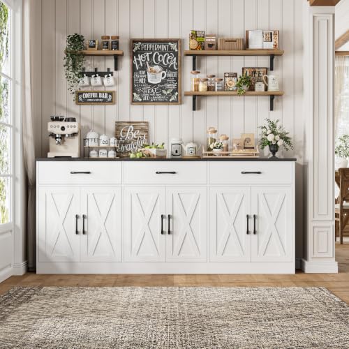 HOSTACK 71" W Kitchen Sideboard Buffet Cabinet with Storage, White/Black | Farmhouse Coffee Bar Cabinet with Wide Drawers, Large Buffet Table with Shelves, Long Kitchen Storage Cabinet for Dining Room - color: White/Black