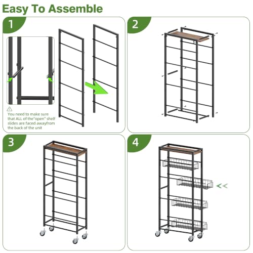 5-Tier Slim Rolling Cart Kitchen Utility Cart, Narrow Kitchen Cabinet with 4 Pull-Out Baskets - Versatile Rolling Storage Cart for Spices, Pantry & Bathroom Organization