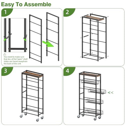 5-Tier Slim Rolling Cart Kitchen Utility Cart, Narrow Kitchen Cabinet with 4 Pull-Out Baskets - Versatile Rolling Storage Cart for Spices, Pantry & Bathroom Organization
