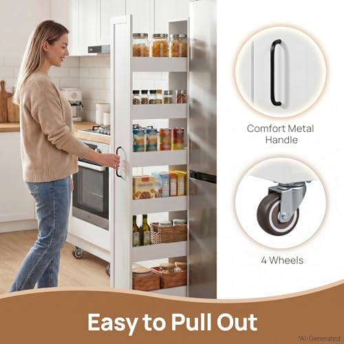 6-Tier Slim Mobile Shelving Cart with Wheels, Rolling Pantry Cabinet with 6 Baskets, Narrow Pull-Out Utility Cart, Space Saving Storage Organizer for Kitchen Living Room Bathroom Narrow Spaces, White - size: White & 11.81"D x 15.75"W x 70.87"H