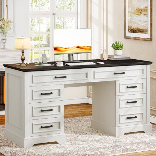 58" Executive Desk with 7 Drawers, Large Computer Desk with Charging Station , Wood Home Office Desk with File Drawer for Letter/A4 Size Hanging Files for Home Office,Rustic White and Rustic Black - color: Rustic White and Rustic Black