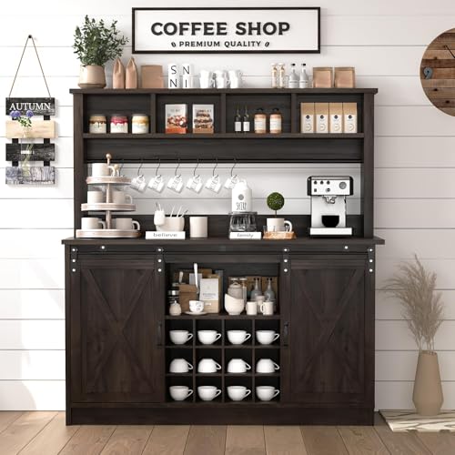 4ever2buy Farmhouse Coffee Bar Cabinet with Storage Hutch, 55“ Wine Bar with 12 Wine Racks and 8 Hooks, Coffee Station with 4 Open Shelves and Sliding Barn Doors for Kitchen, Dining Room, Dark Oak - color: Dark Oak, size: 55.1Inch