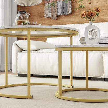 HOJINLINERO Round Coffee Table,Nesting Coffee Table Set of 2,Golden,Large | Center Table for Living Room,Bedroom,Office,Home Small Space,Stacking Side Tables,Sturdy and Easy Assembly,Wood Desktop - color: Gold/Yellow, size: Large