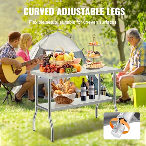 VEVOR Stainless Steel Foldable Work Table, 48 * 24 Inch Heavy Duty Food Outdoor Double Layer Stainless Steel Worktable for Commercial Kitchen Restaurant - size: Double layer 48 * 24, style: Foldable