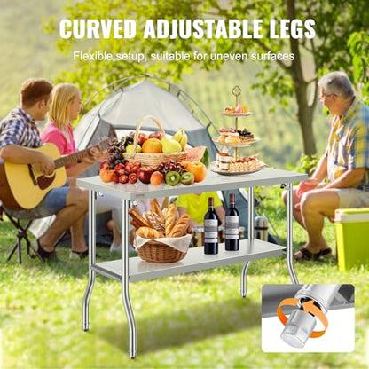 VEVOR Stainless Steel Foldable Work Table, 48 * 24 Inch Heavy Duty Food Outdoor Double Layer Stainless Steel Worktable for Commercial Kitchen Restaurant - size: Double layer 48 * 24, style: Foldable