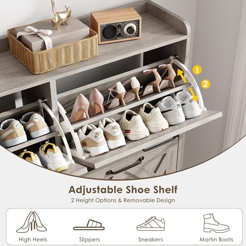Shoe Cabinet with 4 Flip Drawers, Freestanding Shoe Organizer Cabinet, Farmhouse Narrow Shoe Storage Cabinet for Entryway, Foyer, Hallway - color: Light Grey