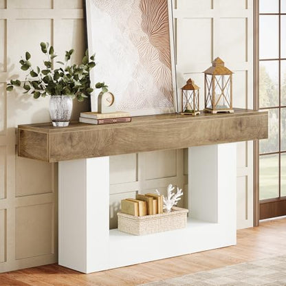 Tribesigns 63-Inch Long Console Table, 2-Tier Entryway Table Sofa Table with Storage, Farmhouse Wood Behind Couch Table for Living Room, Hallway, Light Brown & White - color: Light Brown & White