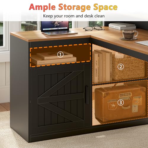 TVU Farmhouse L Shaped Desk with Drawers, 62.2" Home Office Desk with Storage Shelves and Power Outlet, L Shaped Computer Desk with Monitor Stand and Printer Shelf, Brown and Black - color: Brown and Black