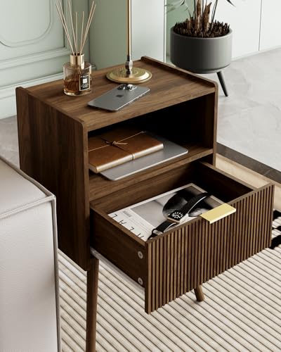 Veegle Nightstand,Modern Bedside Table with Storage Drawer and Open Wood Shelf, Accent Night Stand with Solid Wood Legs for Living Room, Bedroom and Small Spaces,Easy Assembly (Walnut Brown) - color: Walnut Brown-2