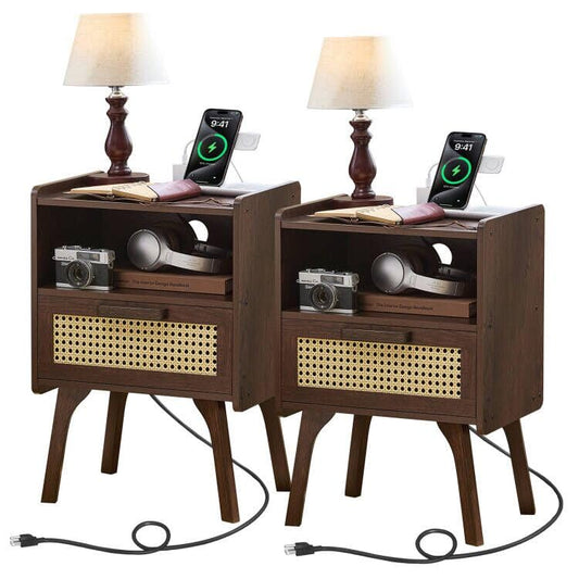 Lerliuo Rattan Nightstand with Charging Station, Walnut Bedside Table with Drawer Open Shelf, Cane Accent Side End Table with Solid Wood Legs, Night Stand for Bedroom, Dorm and Small Spaces - color: Walnut, size: 2 pack