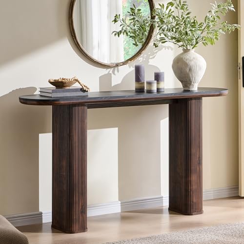 OKD 63" Modern Fluted Console Table, Narrow Entryway Table, Dark Walnut | Modern Fluted Wood Base, Curved Faux Marble-Texture Top, Entryway, Hallway, Foyer, Behind Sofa - color: Dark Walnut