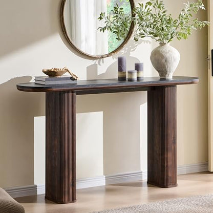 OKD 63" Modern Fluted Console Table, Narrow Entryway Table, Dark Walnut | Modern Fluted Wood Base, Curved Faux Marble-Texture Top, Entryway, Hallway, Foyer, Behind Sofa - color: Dark Walnut