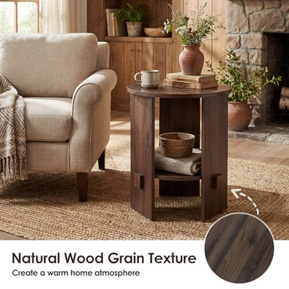 Round End Table with 2-Tier Storage Set of 2, 15.5” Small Side Table for Living Room, Modern Nightstand with Open Shelf, Compact Accent Table for Bedroom, Sofa Side, Small Spaces (Walnut) - color: Walnut