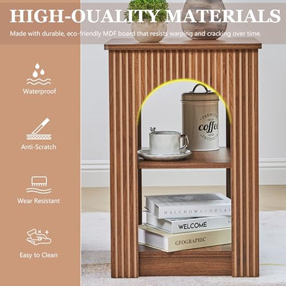 weselon End Table Set of 2, Mid-Century Modern Side Table with 3-Tier Storage Shelves and Arched Carving Lines, Square Fluted Nightstand for Living Room, Bedroom, or Office (2, Walnut) - color: Walnut