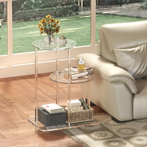 Clear Acrylic 3-Tier Round Side Table, Modern Step End Table Nightstand or Plant Stand for Living Room, Bedroom, or Entryway, 16.7" L x 11.8" W x 22.8" H (Round)