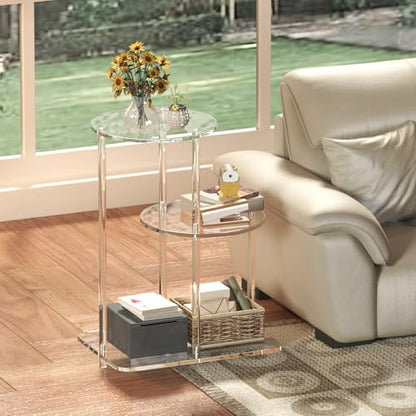 Clear Acrylic 3-Tier Round Side Table, Modern Step End Table Nightstand or Plant Stand for Living Room, Bedroom, or Entryway, 16.7" L x 11.8" W x 22.8" H (Round)