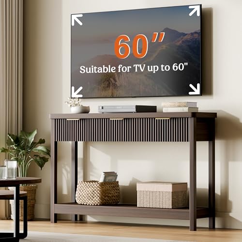 Fluted Console Table, 51 Inch Entryway Table with 3 Drawers | Scandi farmhouse look with quiet full-extension slides, open lower shelf, profile for hallway, entry, foyer or behind sofa. - color: Walnut