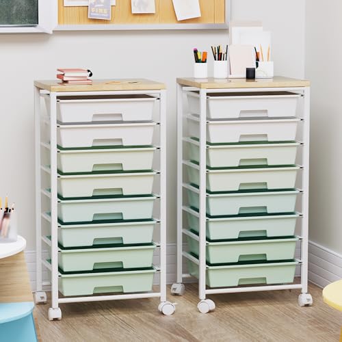Rolling Cart with 8 Drawers, Storage Drawers Cart with Wooden Tabletop and Lockable Wheels, Craft Storage for Living Room, Office, Classroom, Craft Room, Bedroom - color: Green