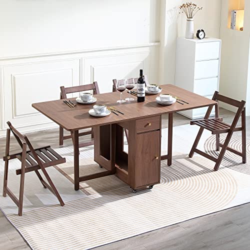 Drop Leaf Folding Dining Table with Storage, Wheels, Space Saving | Foldable Design, 18mm Thick Plywood, 300lbs Capacity, Locking Wheels, Farmhouse, for Living Room Kitchen Small Spaces, Walnut - color: Walnut