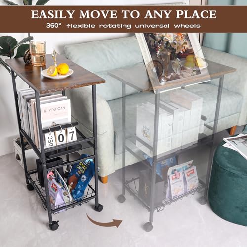Industrial Kitchen Cart with Rustic Wood Top, Rolling Storage Utility Table, Black Metal Frame, Mesh Basket, Mobile Workstation with Wheels (23.6" D x 12.2" W x 33.1" H)