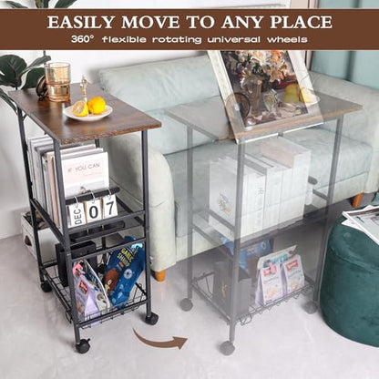 Industrial Kitchen Cart with Rustic Wood Top, Rolling Storage Utility Table, Black Metal Frame, Mesh Basket, Mobile Workstation with Wheels (23.6" D x 12.2" W x 33.1" H)