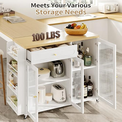 Kitchen Island with Power Outlet - Kitchen Cart on Wheels with Storage Cabinets & Drawers, Rolling Island Table with Spice & Towel Rack, Portable Islands with Large Wood Counter, Dinning Room - color: White