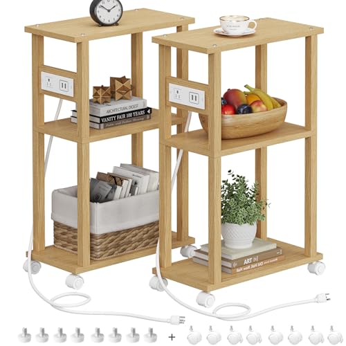 TUTOTAK Small Narrow Side Table with Charging Station, Skinny End Table for Small Spaces, Slim Nightstand with USB Ports and Outlet, Sofa Beside Table with Wheels, Natural TB01BN047 - color: Natural, size: 2 PC, style: With Plug