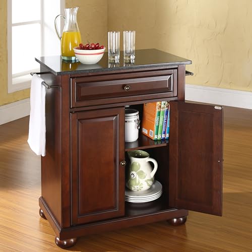 Crosley Furniture Alexandria Granite Top Small Portable Rolling Kitchen Island Storage Cart, Microwave Stand, Mahogany - color: Mahogany, style: Solid Black Granite Top