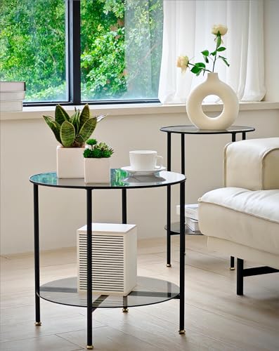 Tempered Glass End Table: 2-Tier Round Nightstand 20 inch High Grey | Circle Side Table 4 Legs Home Decor for Living Room Bedroom - size: Height - 20 inch