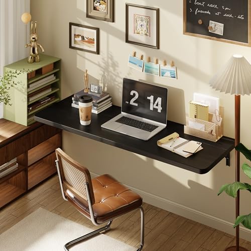 Dogsky 48" x 16" Floating Wall Desk, Fold Down Wall Table - 300 lbs Heavy Duty Solid Pine Wall Mount Folding Desk for Home Office, Laundry Room, Kitchen & Small Apartment, Black - color: Black, size: 48'' x 15.7'' x 8.3''