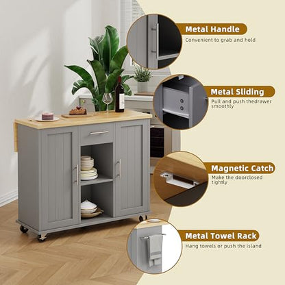 SUNLEI Rolling Kitchen Island Cart with Wheels, Island Table for Kitchen, Farmhouse Kitchen Cart with Drop Leaf & Towel Rack & Drawer, Kitchen Islands Table with Storage Cabinet, Grey - style: Grey