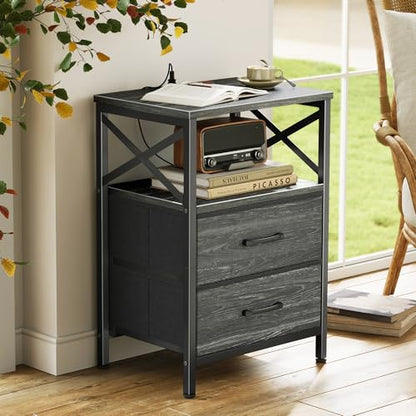 Huuger Nightstands Set of 2, Night Stand with Charger Station, 2 Drawer Side Table with Open Shelf, USB-C Port, End Table for Small Spaces, X Shaped Side Rail, Charcoal Black - color: Charcoal Black Wood Grain Print