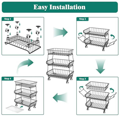 Giwil 3-Tier Rolling Pantry Organizers with Wheels, Stackable Wire Basket for Kitchen Pantry Shelves, Vegetable Storage Rack Pantry Cart for Snack Fruit Onion Potato, Black