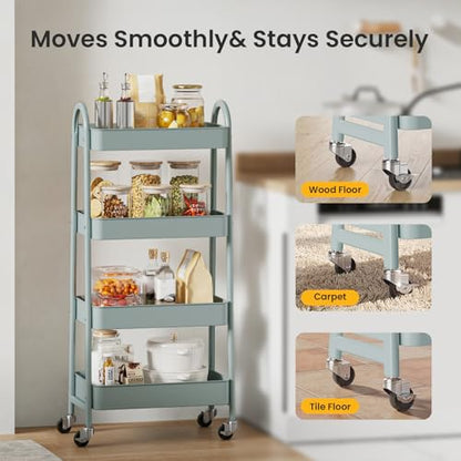 DUMOS 4 Tiers Metal Rolling Utility Cart with Lockable Wheels, Mobile Storage Organizer, Utility Shelving Unit for Kitchen, Office, Bathroom, Laundry, Narrow Places, Light Green - color: 4-tier Green