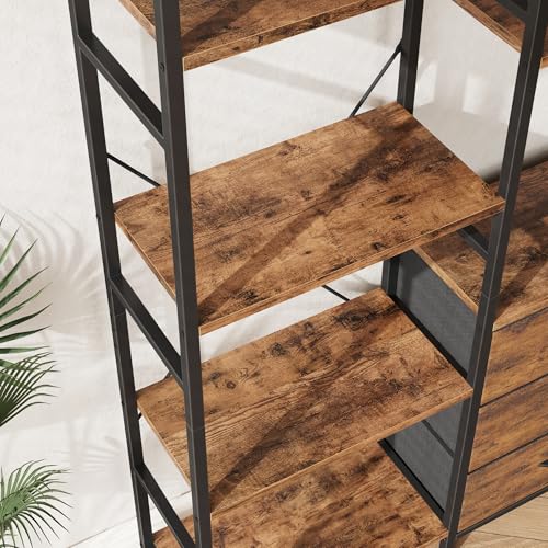 AFLUI Triple Bookshelf with 3 Fabric Drawers, 4-Tier Book Shelf and 10 Display Shelves, Industrial Large Bookcase for Home & Office, Rustic Brown, 59'' Wide - color: Rustic Brown, size: 4 Tier(59" W)