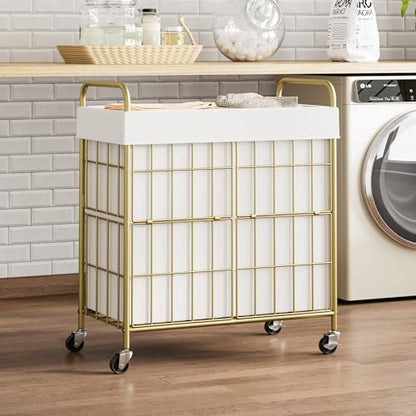 100L 2-Section Laundry Hamper with Wheels, Laundry Basket with Liner Bag | Lockable Casters; Divided Removable Liner; Reinforced Steel Frame; Metal Handle - color: Golden+White, size: 100L-2 Sections